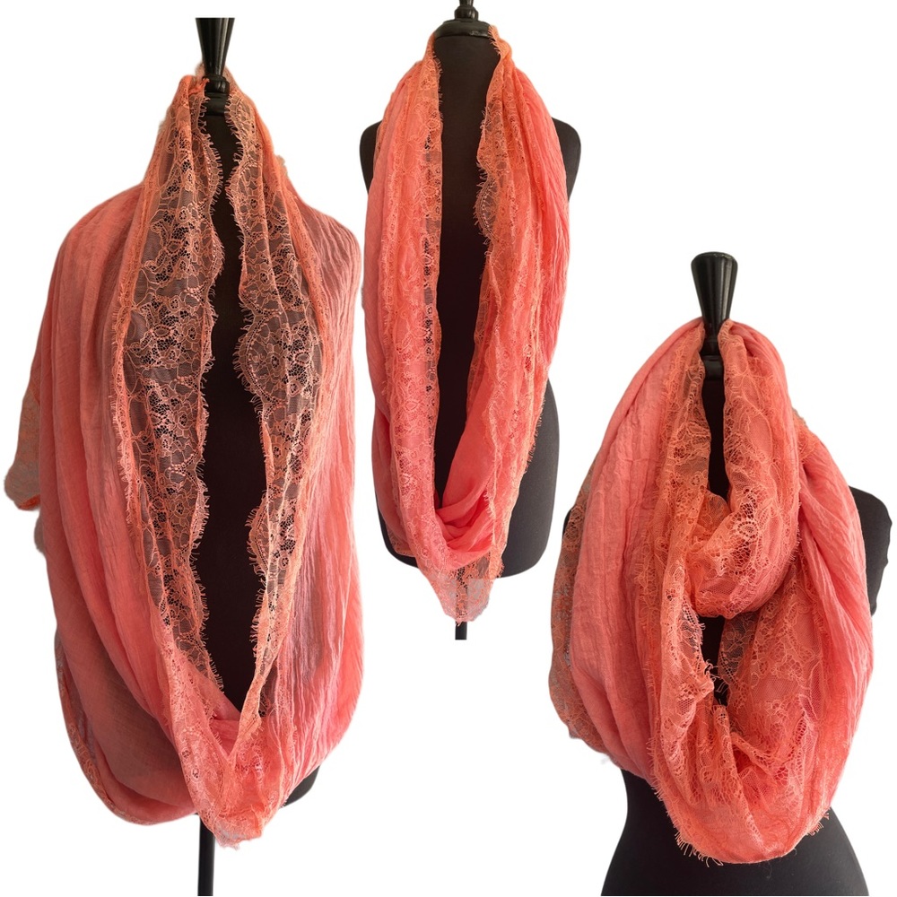 BETSEY JOHNSON Orange Peach Lace Trim Infinity Scarf